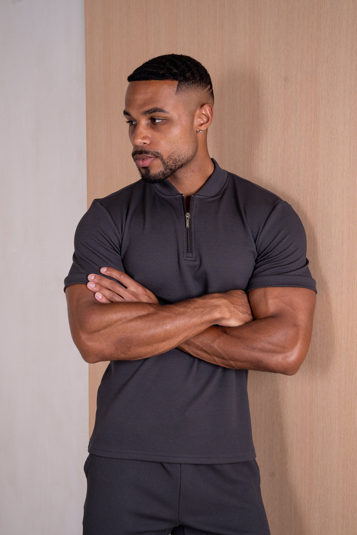 Slim Stretch Quarter Zip Polo - Charcoal