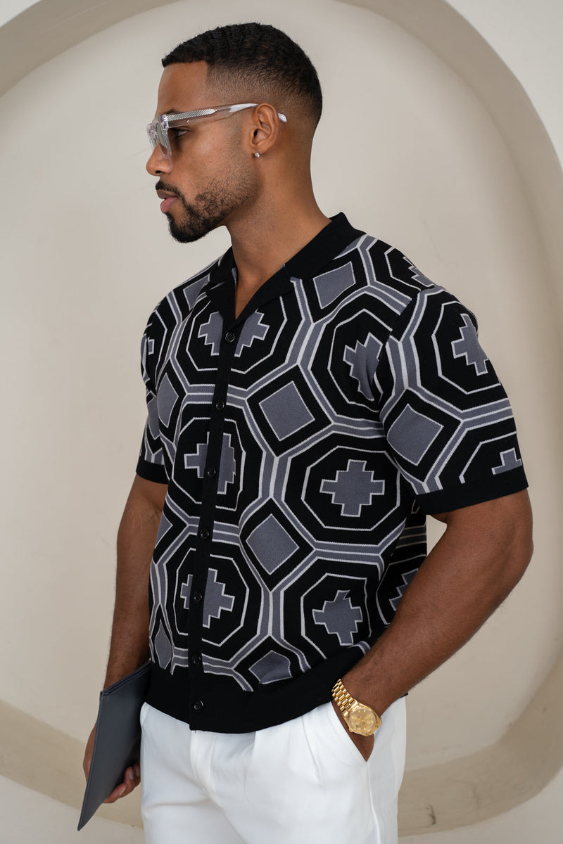 Aztec Button Up Knitted Shirt - Black