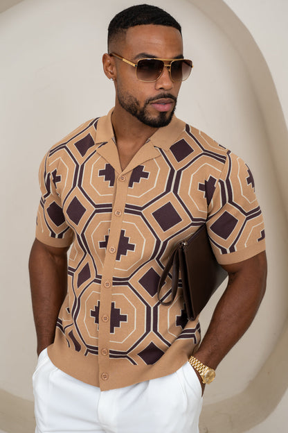 Aztec Button Up Knitted Shirt - Brown