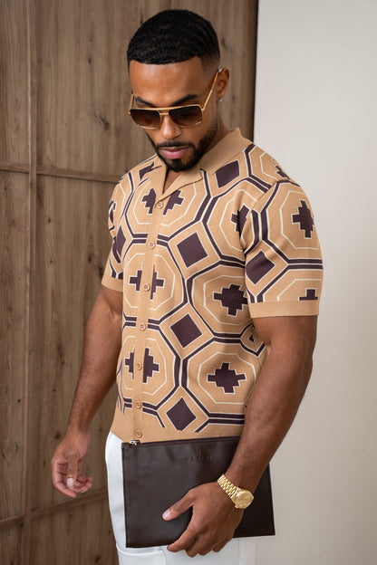 Aztec Button Up Knitted Shirt - Brown