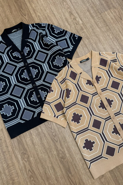 Aztec Button Up Knitted Shirt - Black