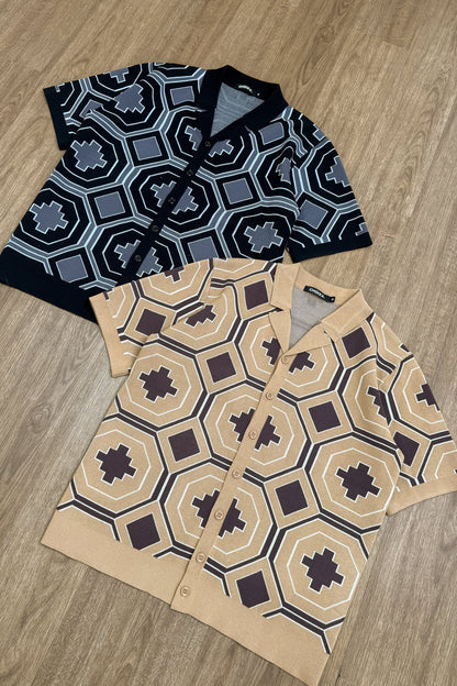 Aztec Button Up Knitted Shirt - Brown