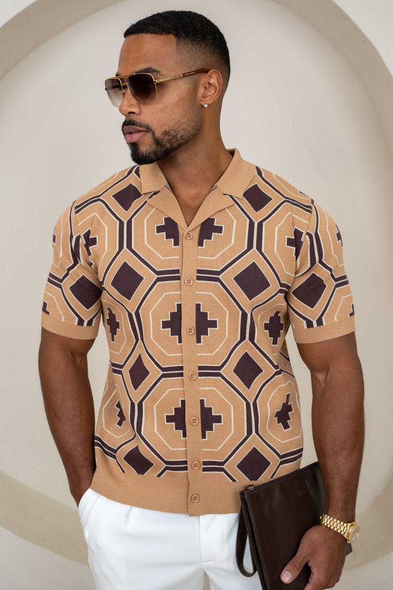 Aztec Button Up Knitted Shirt - Brown