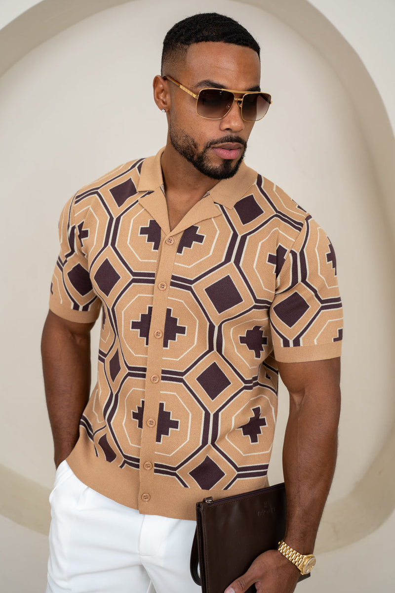 Aztec Button Up Knitted Shirt - Brown