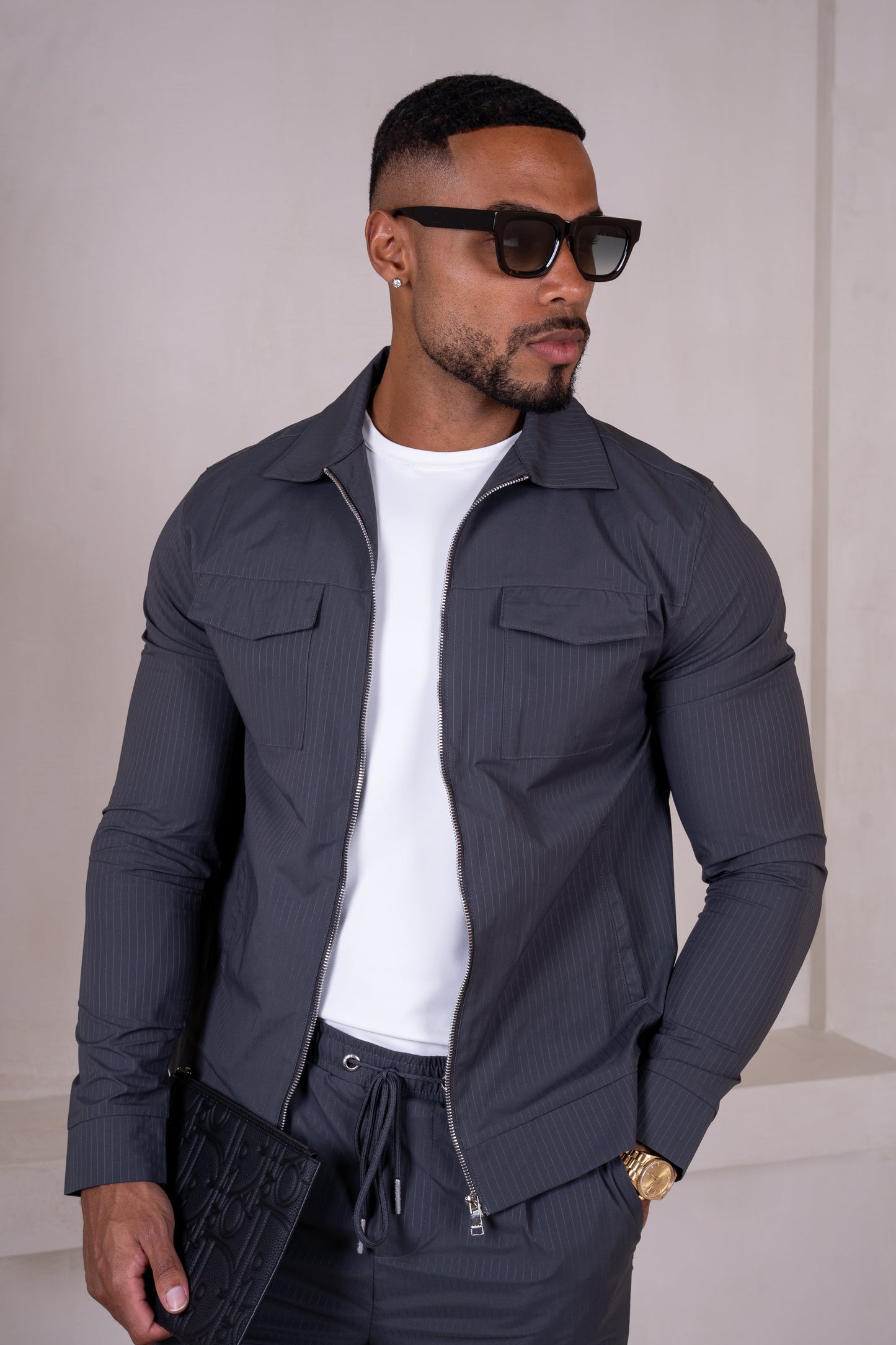 Pinstripe Cargo Utility Overshirt - Charcoal