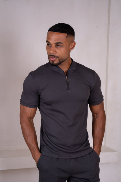 Slim Stretch Quarter Zip Polo - Charcoal