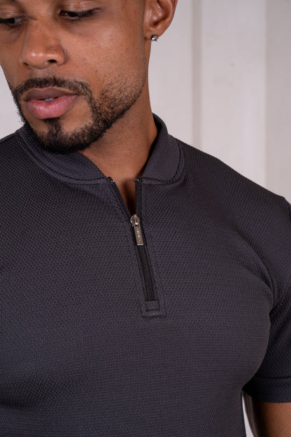 Slim Stretch Quarter Zip Polo - Charcoal