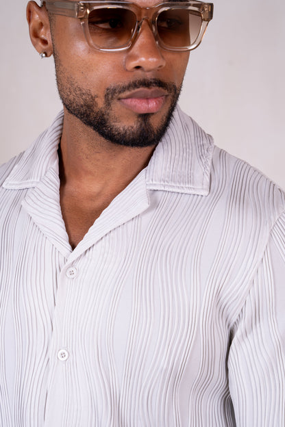 Ripple Texture Slim Fit Button Through Shirt - Light Grey