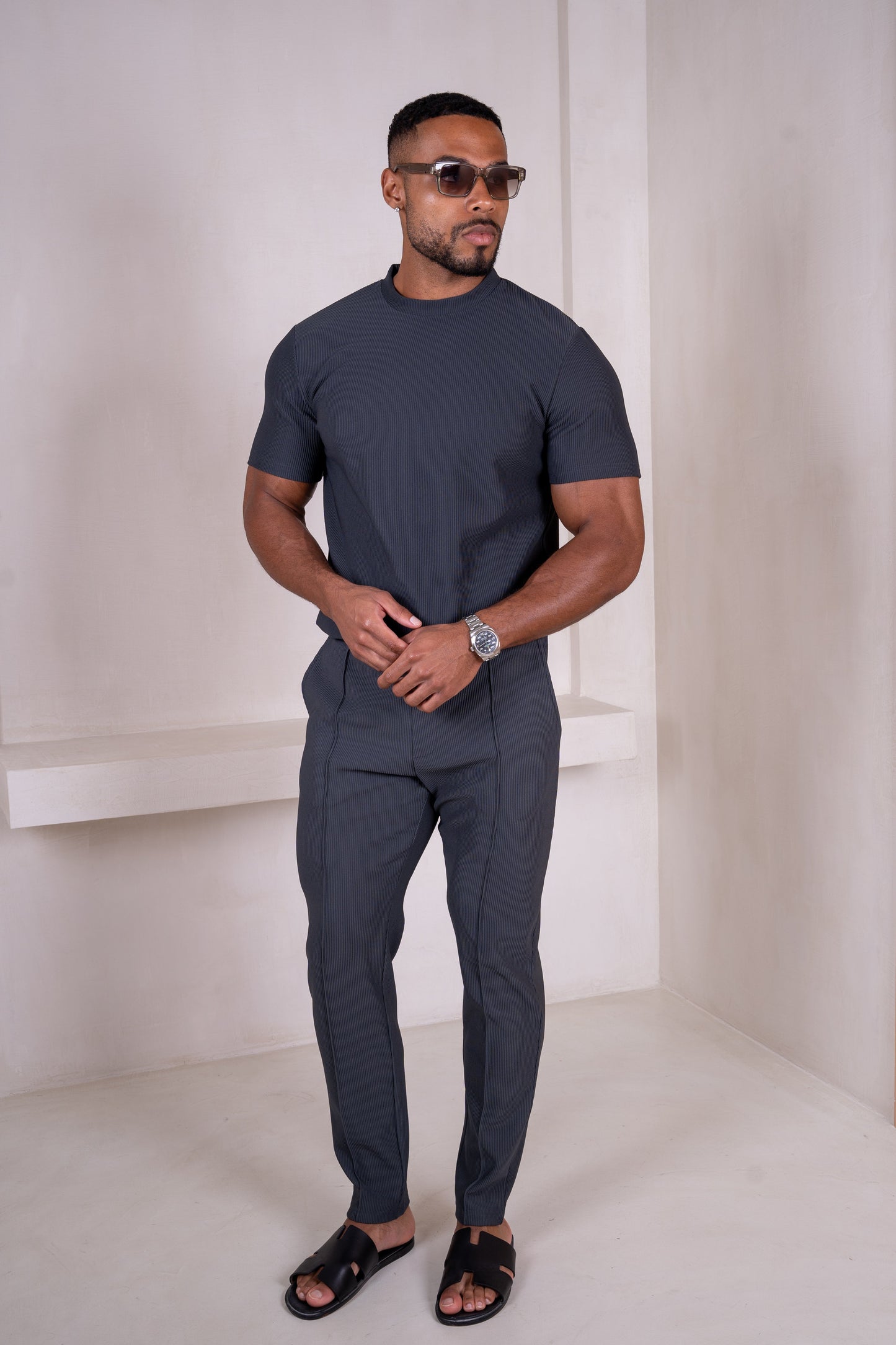 Pleated Slim Fit T-Shirt - Charcoal
