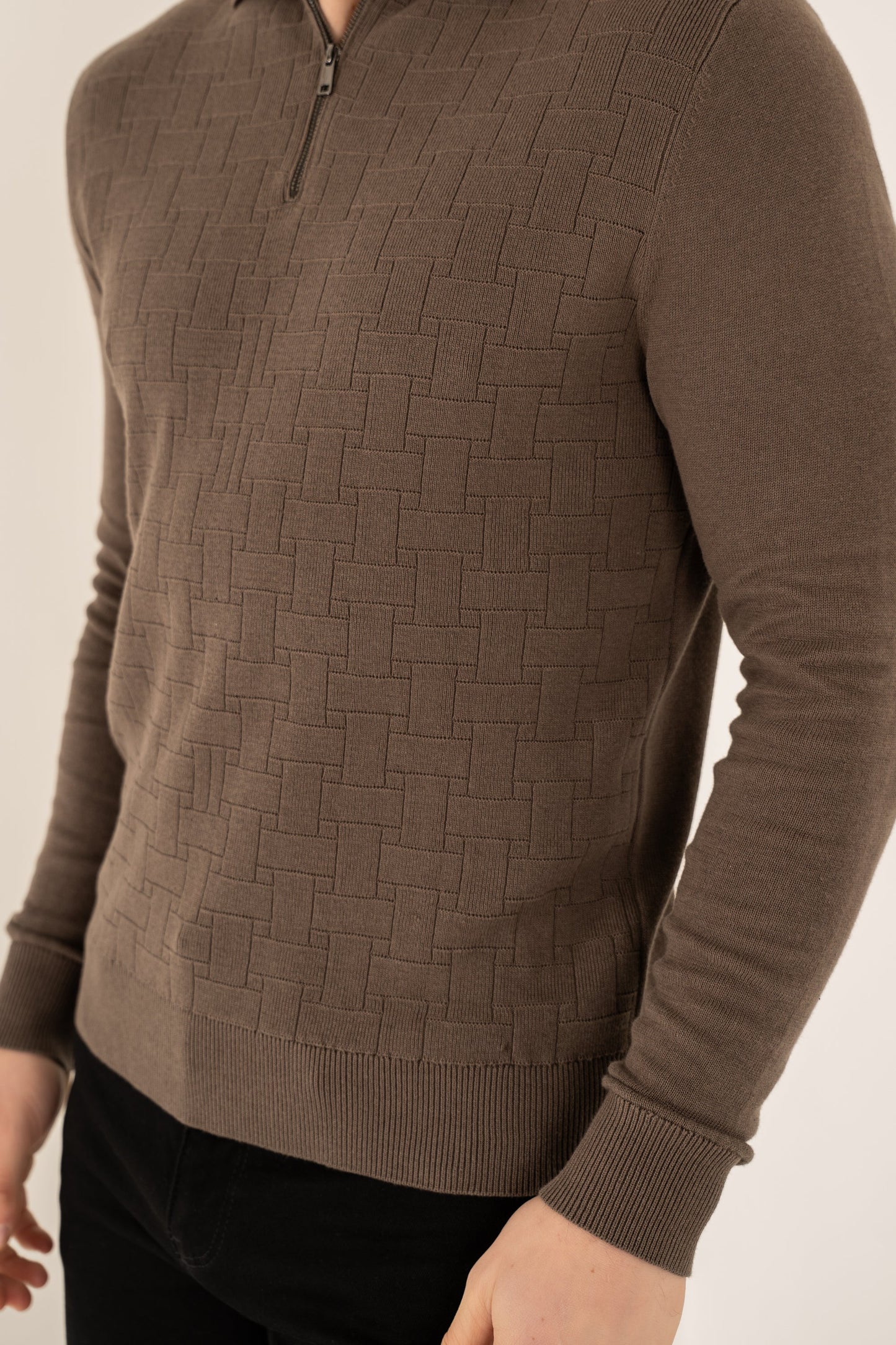 Geometric Long Sleeve Polo - Khaki