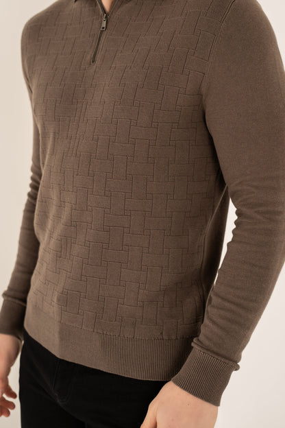 Geometric Long Sleeve Polo - Khaki