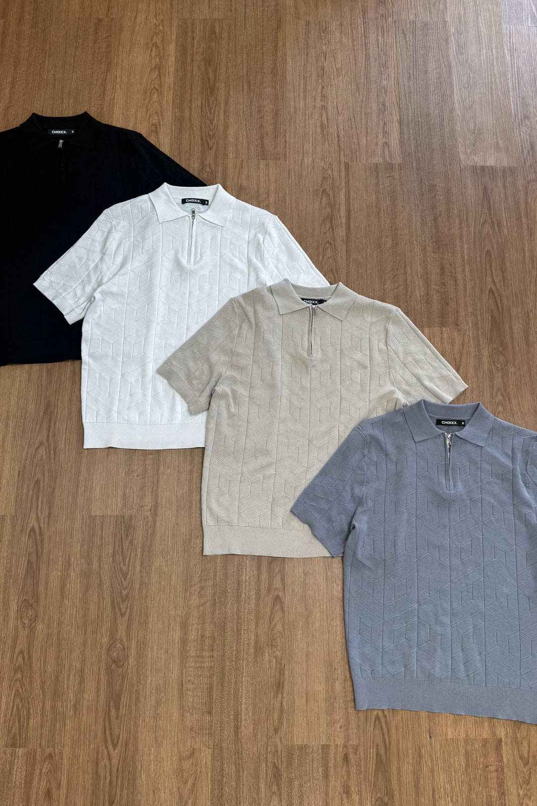 Geometric Knitted Quarter Zip Polo Shirt - White
