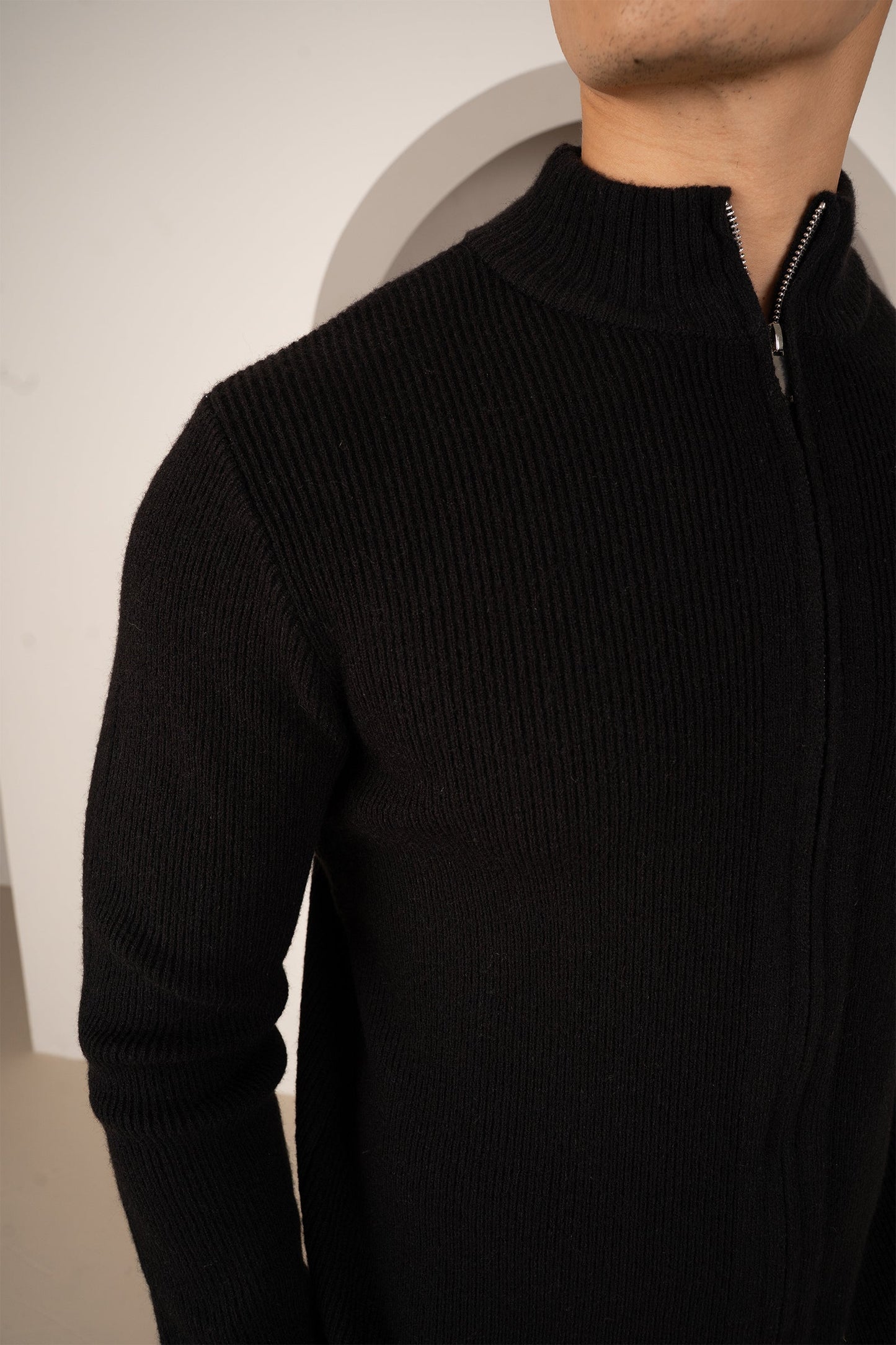 Ribbed Zip-Up Cardigan - Black