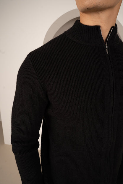 Ribbed Zip-Up Cardigan - Black
