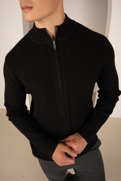 Ribbed Zip-Up Cardigan - Black