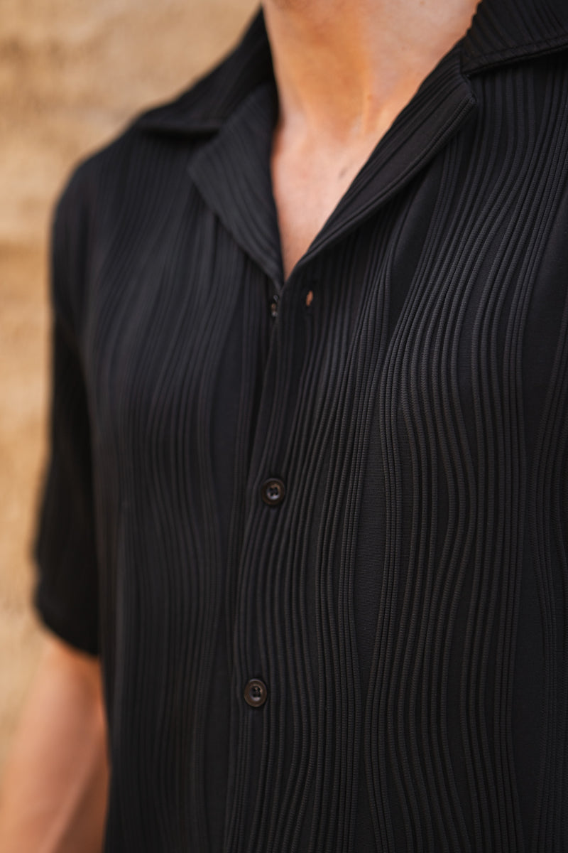 Ripple Texture Slim Fit Button Through Shirt - Black