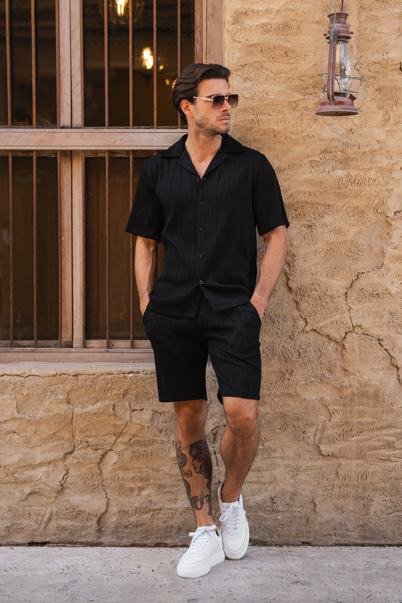 Ripple Texture Slim Fit Button Through Shirt - Black