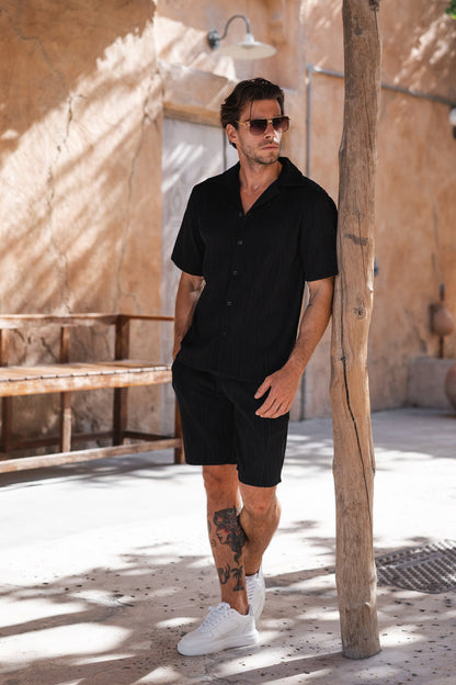 Ripple Texture Slim Fit Button Through Shirt - Black