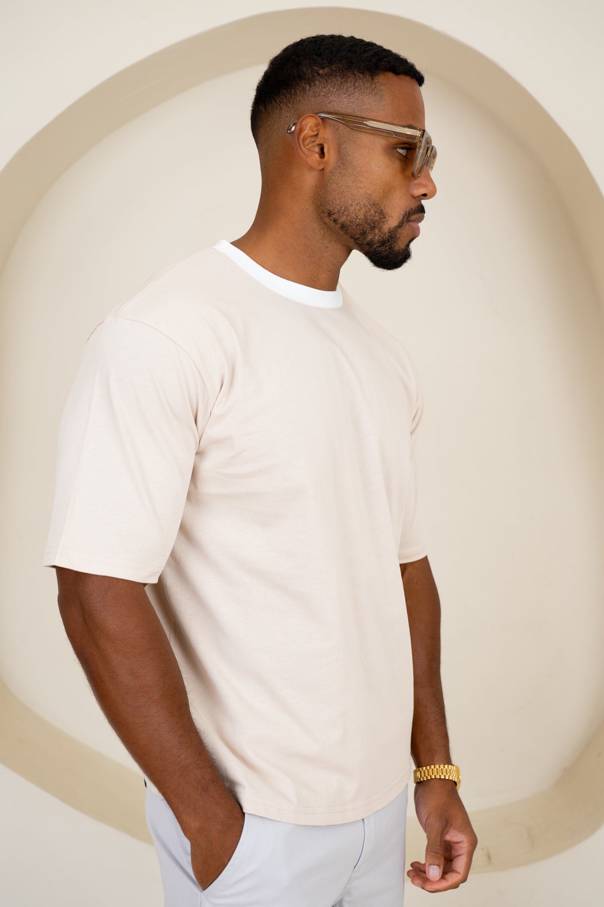 Relaxed Fit Contrast Neck T-Shirt - Beige