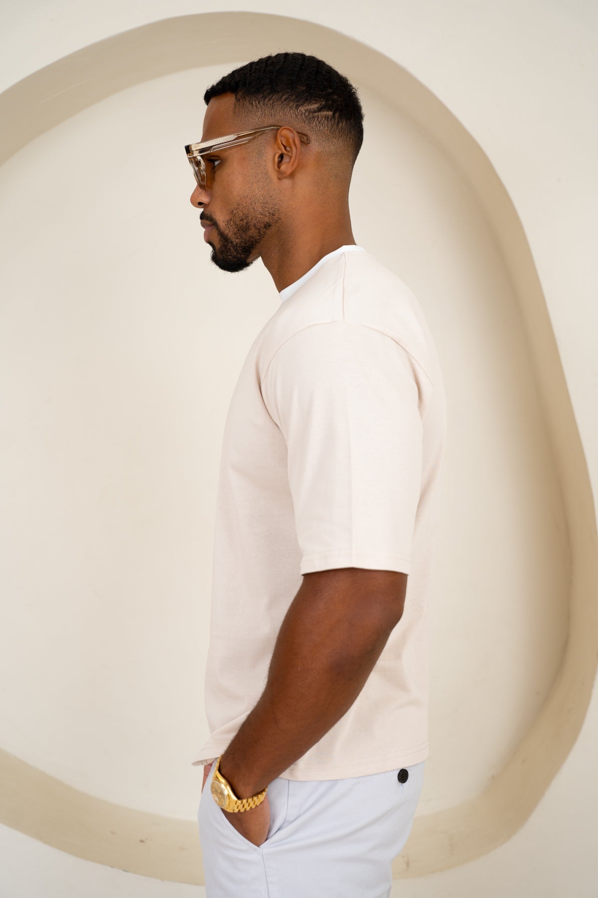 Relaxed Fit Contrast Neck T-Shirt - Beige