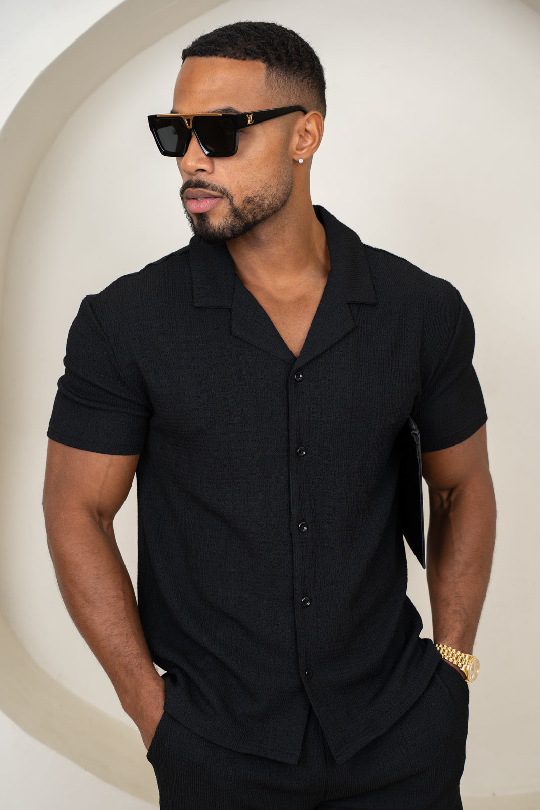 Seersucker Revere Collar Shirt - Black